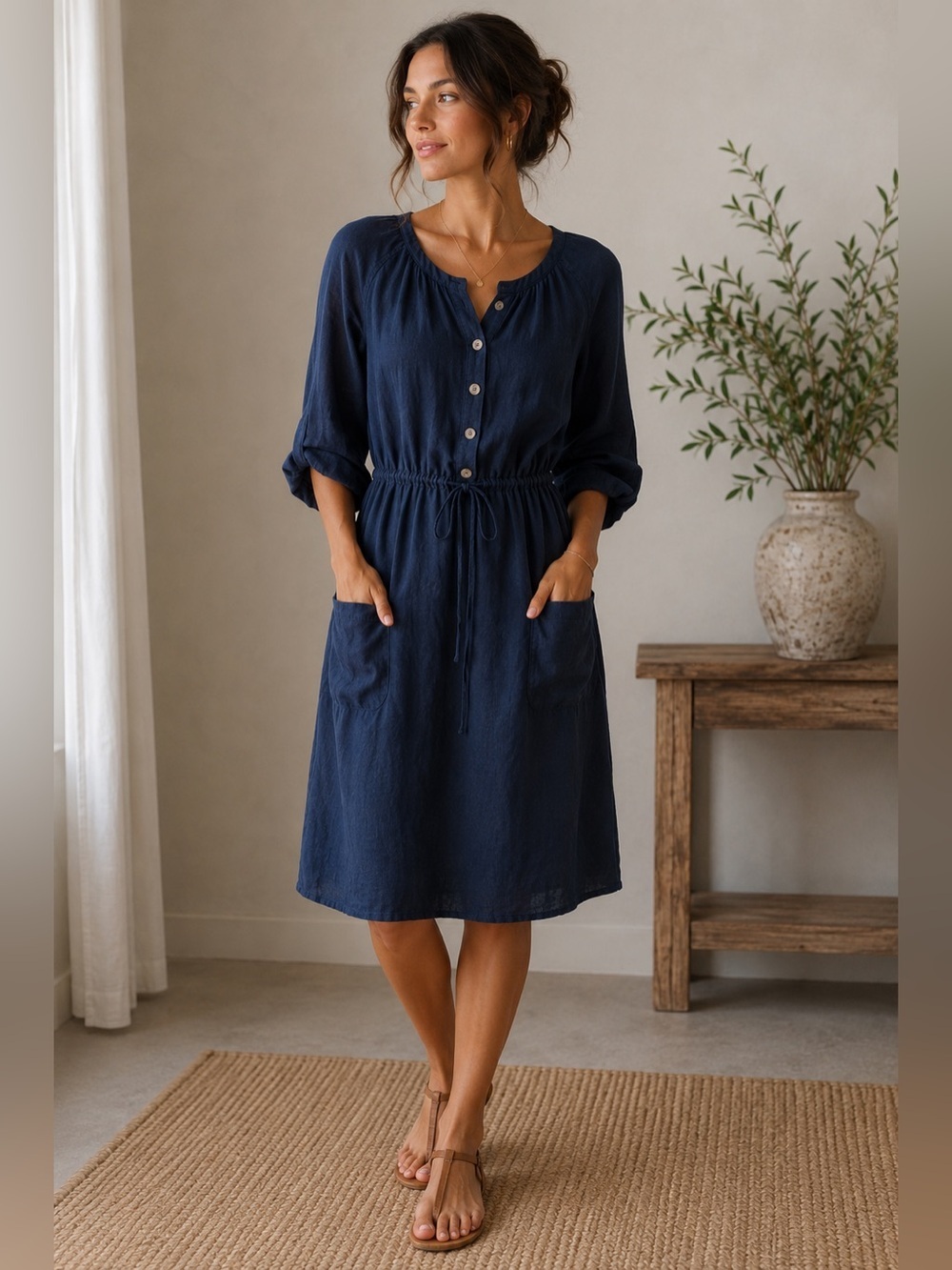 per una Navy Button-Front Midi Linen Dress with Drawstring Waist Size S or M